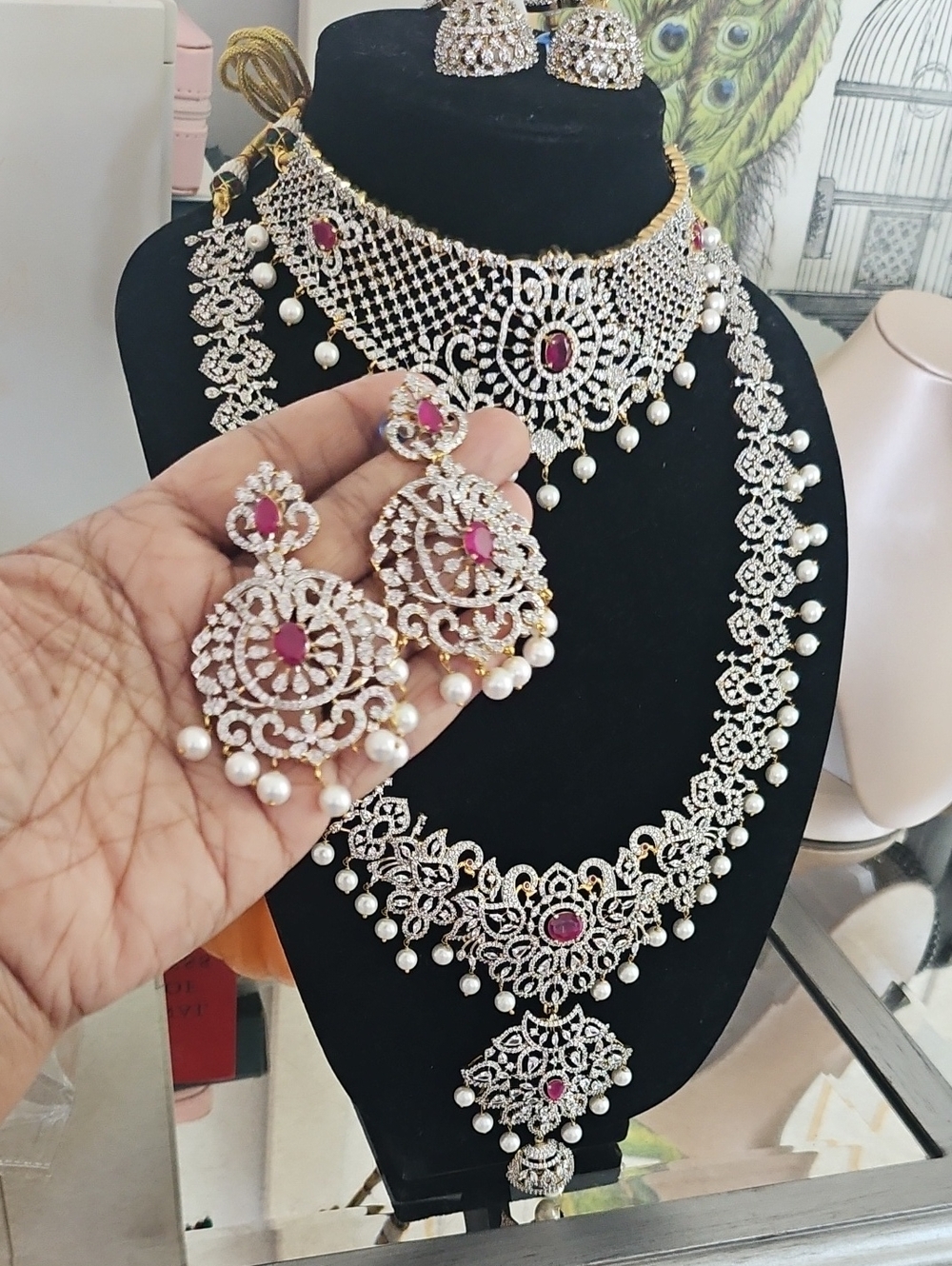 Elegant Gold-Tone White Pearl & Pink Stone Bridal Necklace Set